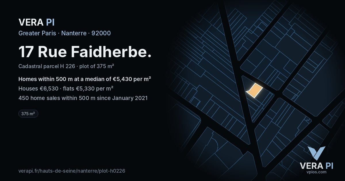 17 Rue Faidherbe, Nanterre at night – the plot lit, the parcels around coloured by the prices near them