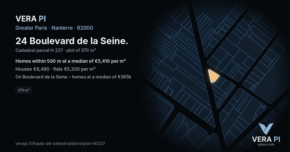 24 Boulevard de la Seine, Nanterre at night – the plot lit, the parcels around coloured by the prices near them