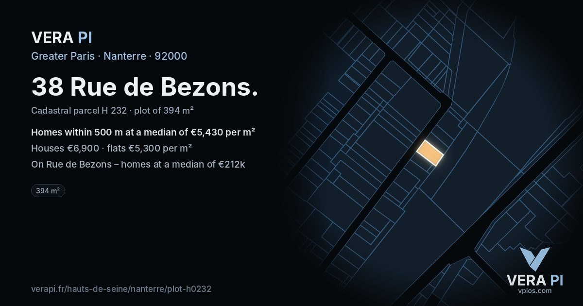 38 Rue de Bezons, Nanterre at night – the plot lit, the parcels around coloured by the prices near them