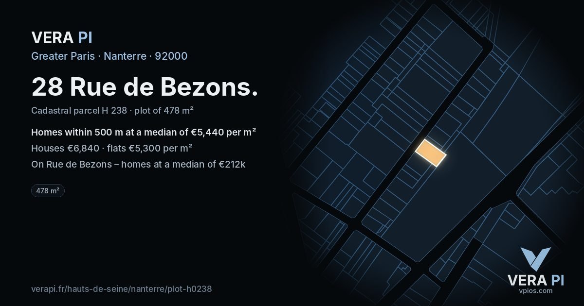 28 Rue de Bezons, Nanterre at night – the plot lit, the parcels around coloured by the prices near them