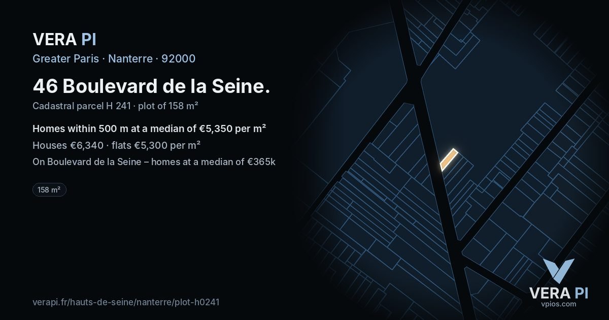 46 Boulevard de la Seine, Nanterre at night – the plot lit, the parcels around coloured by the prices near them