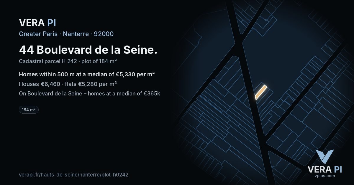 44 Boulevard de la Seine, Nanterre at night – the plot lit, the parcels around coloured by the prices near them