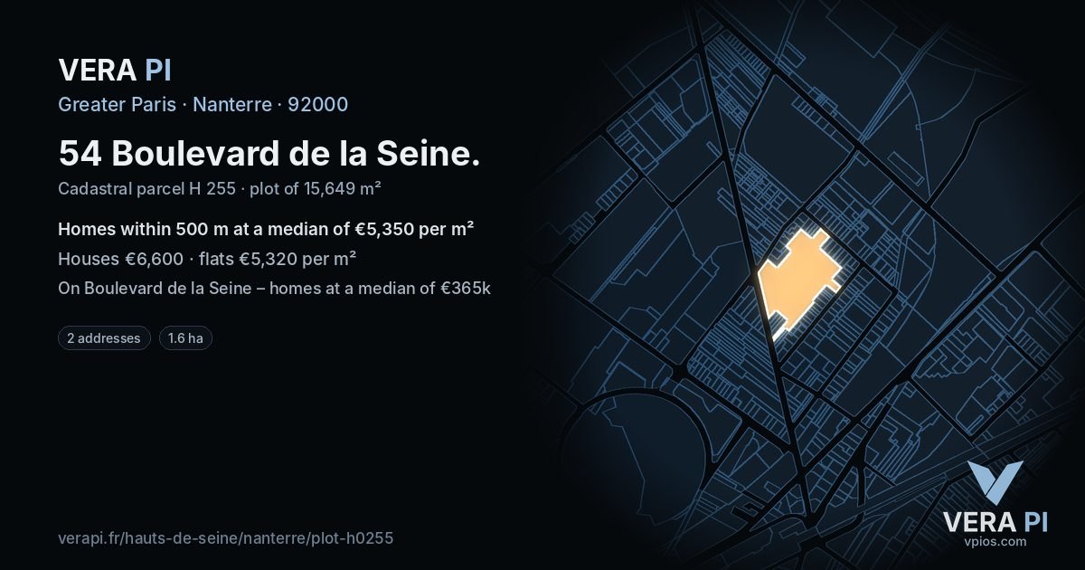 54 Boulevard de la Seine, Nanterre at night – the plot lit, the parcels around coloured by the prices near them