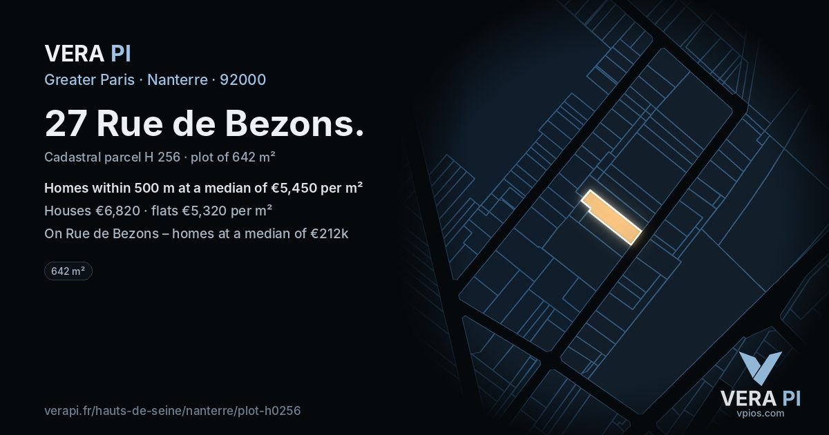 27 Rue de Bezons, Nanterre at night – the plot lit, the parcels around coloured by the prices near them