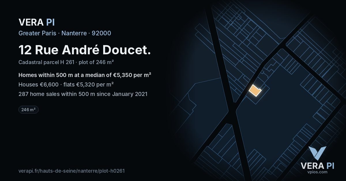 12 Rue André Doucet, Nanterre at night – the plot lit, the parcels around coloured by the prices near them