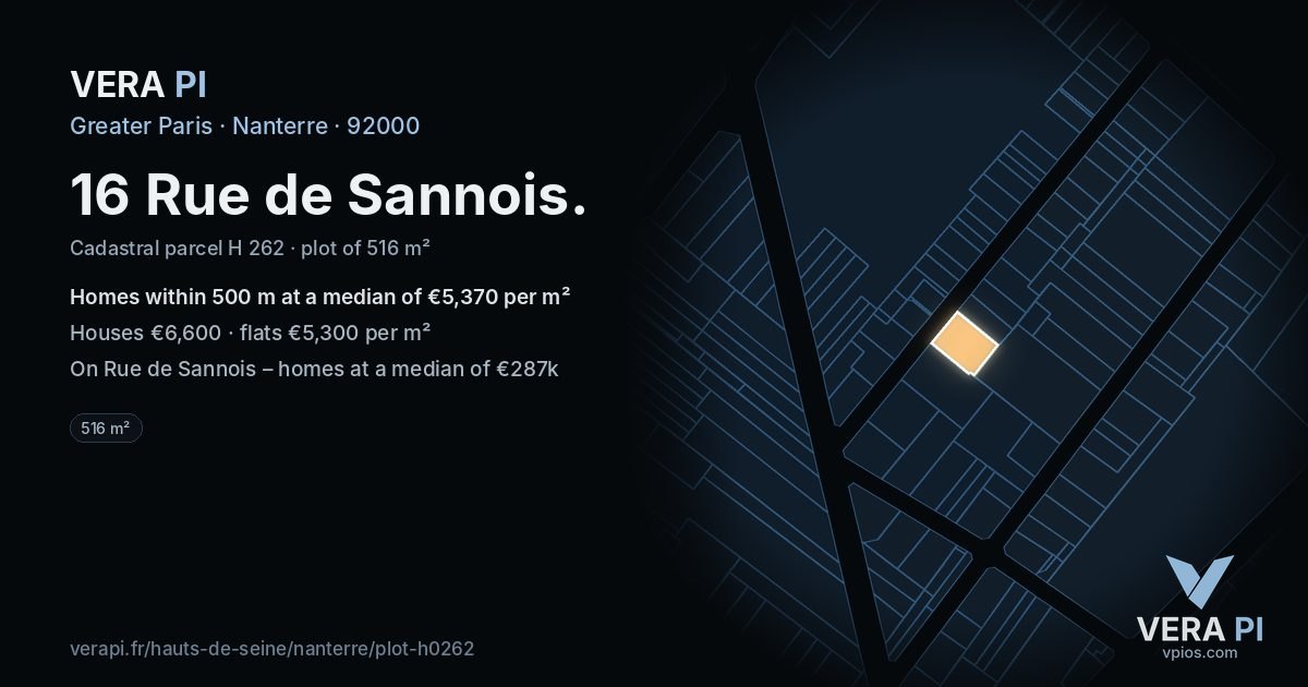 16 Rue de Sannois, Nanterre at night – the plot lit, the parcels around coloured by the prices near them