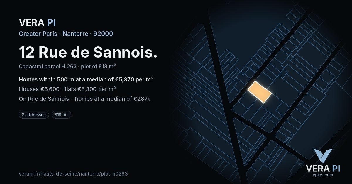 12 Rue de Sannois, Nanterre at night – the plot lit, the parcels around coloured by the prices near them