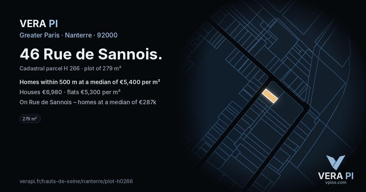 46 Rue de Sannois, Nanterre at night – the plot lit, the parcels around coloured by the prices near them