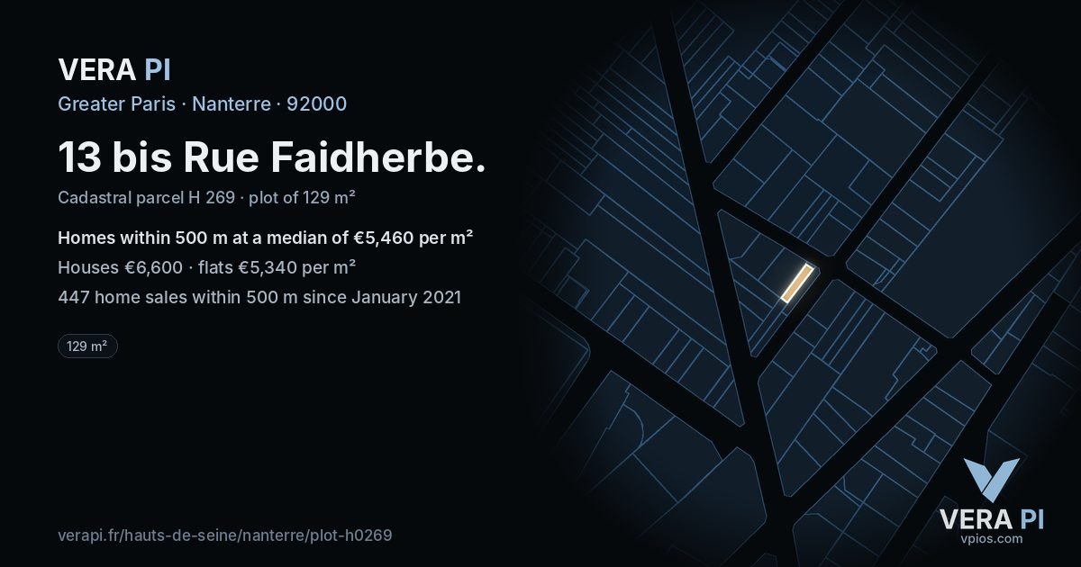 13 bis Rue Faidherbe, Nanterre at night – the plot lit, the parcels around coloured by the prices near them
