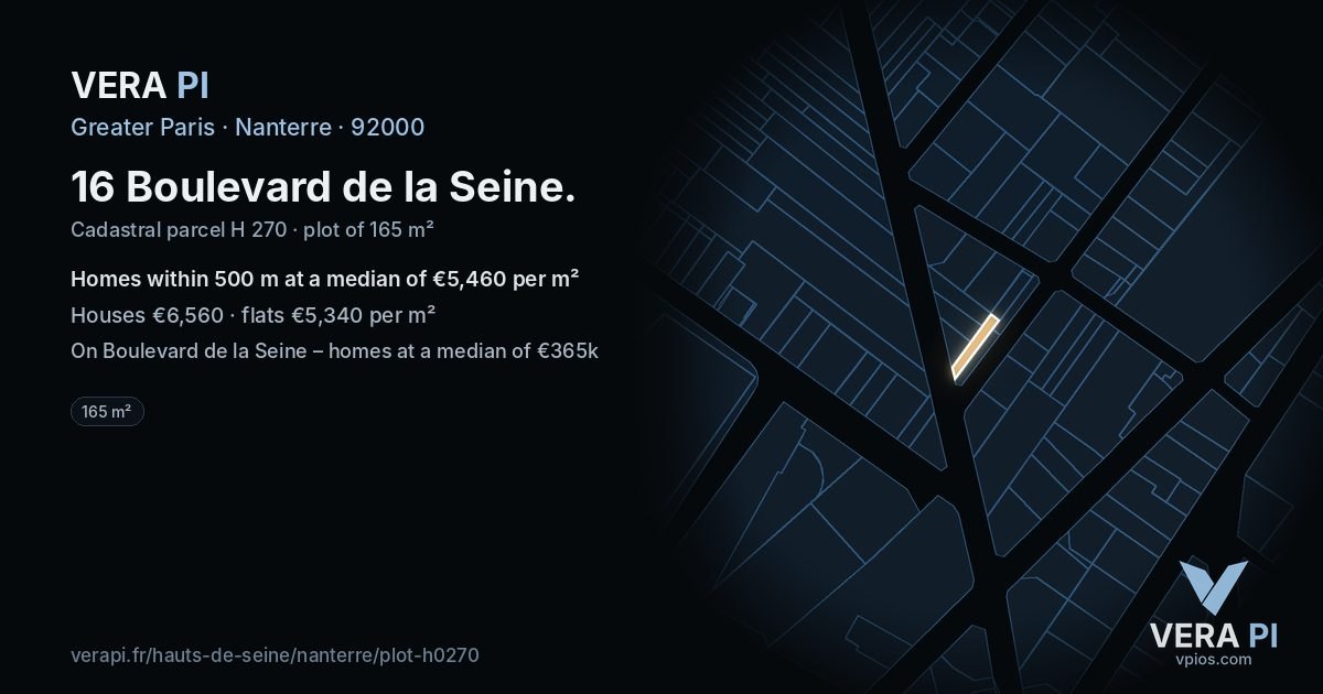 16 Boulevard de la Seine, Nanterre at night – the plot lit, the parcels around coloured by the prices near them