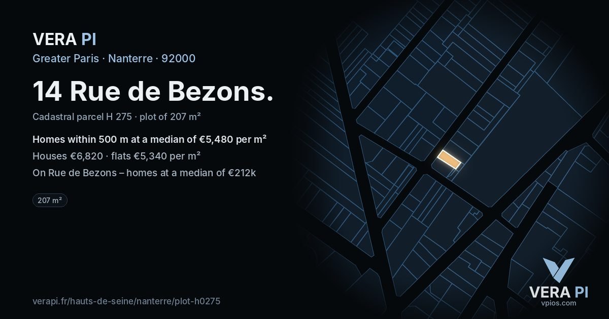 14 Rue de Bezons, Nanterre at night – the plot lit, the parcels around coloured by the prices near them