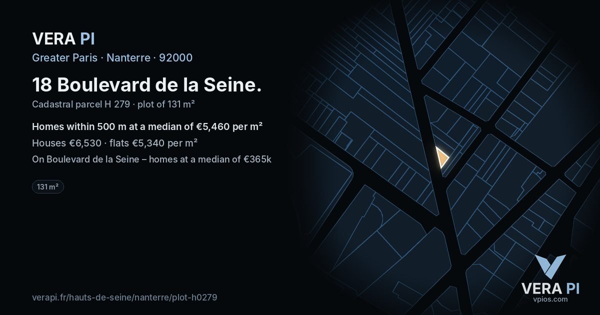 18 Boulevard de la Seine, Nanterre at night – the plot lit, the parcels around coloured by the prices near them