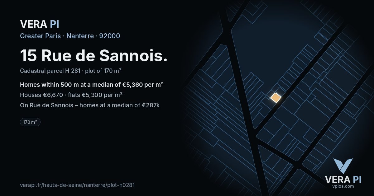 15 Rue de Sannois, Nanterre at night – the plot lit, the parcels around coloured by the prices near them