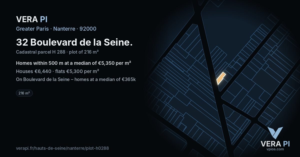 32 Boulevard de la Seine, Nanterre at night – the plot lit, the parcels around coloured by the prices near them