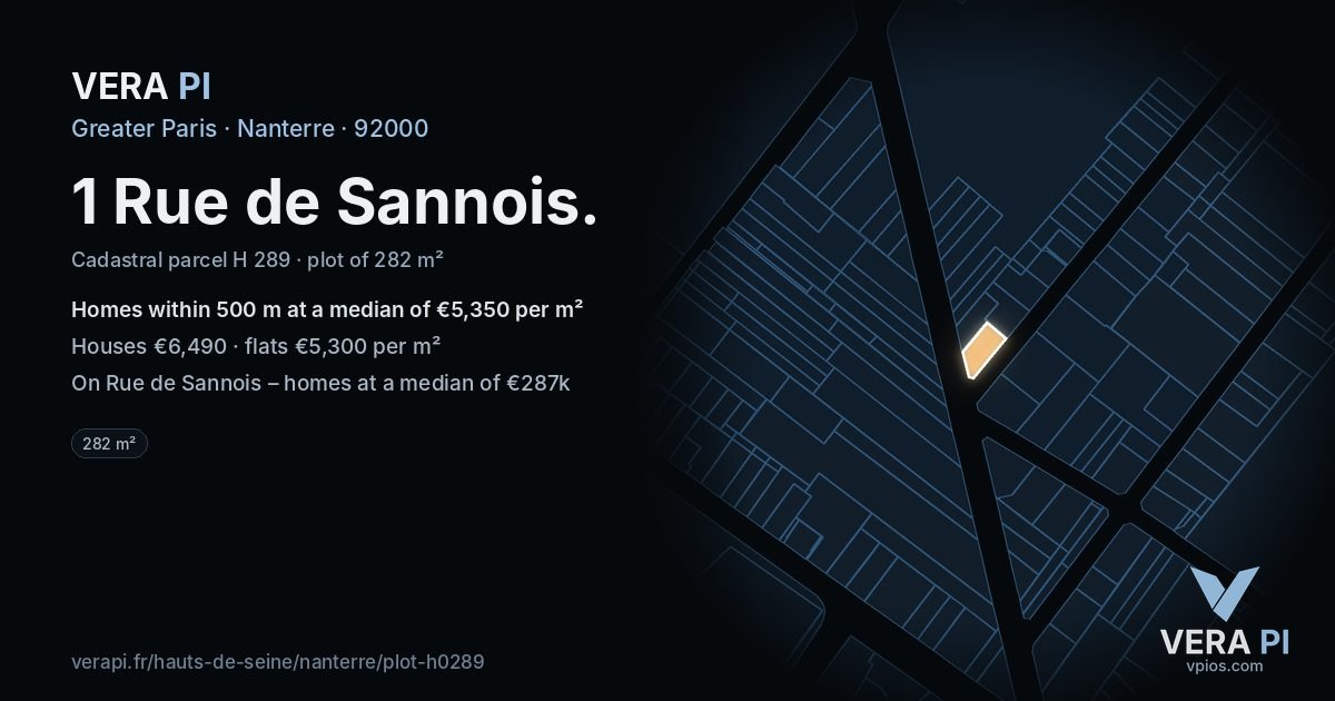 1 Rue de Sannois, Nanterre at night – the plot lit, the parcels around coloured by the prices near them