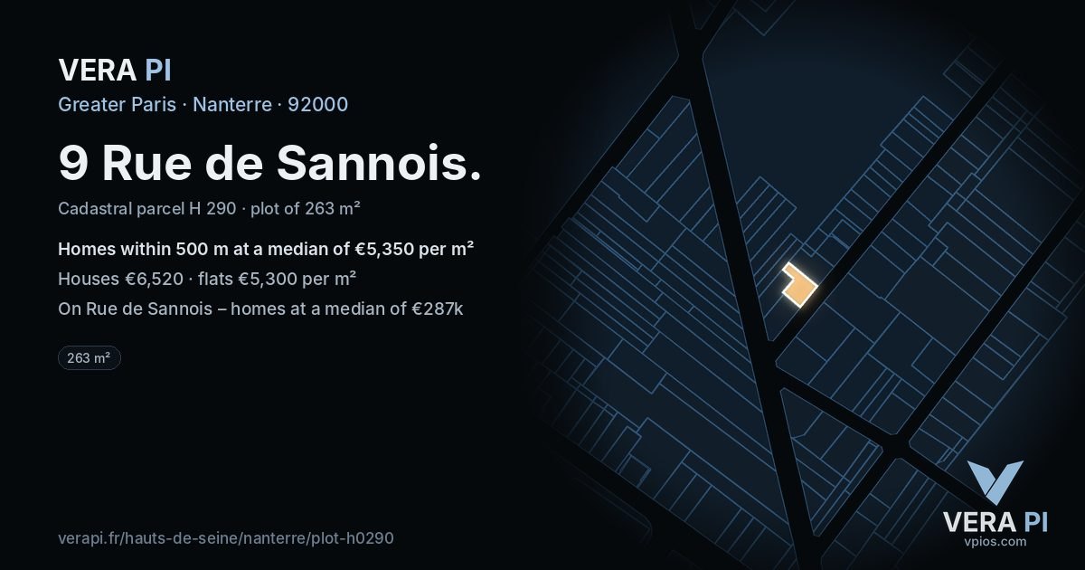9 Rue de Sannois, Nanterre at night – the plot lit, the parcels around coloured by the prices near them