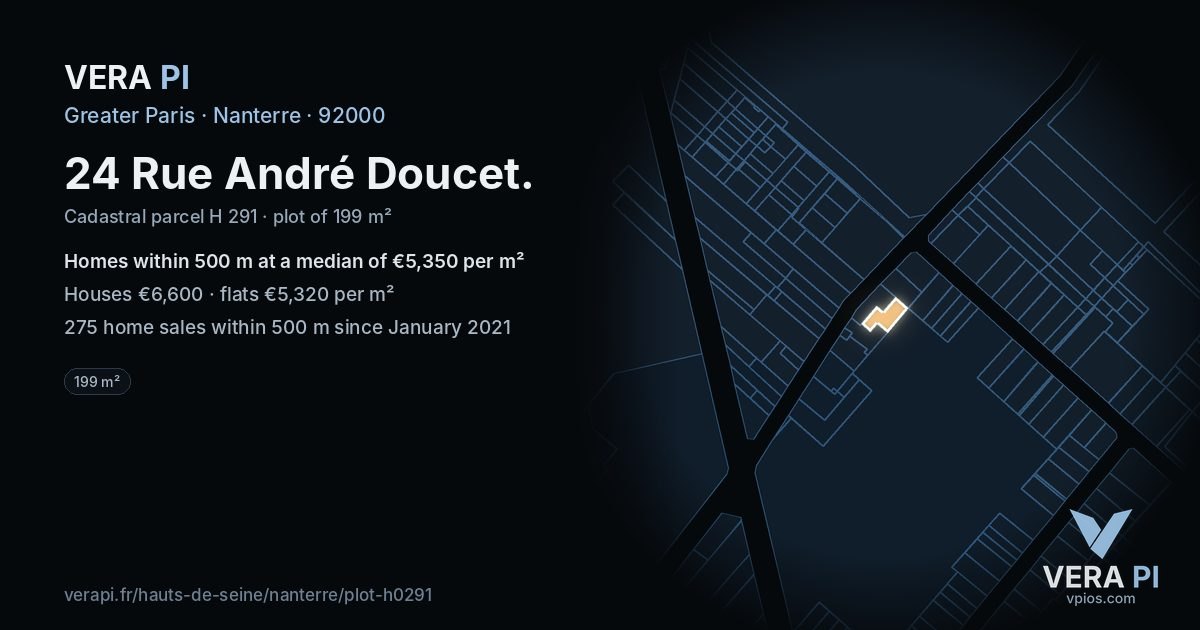 24 Rue André Doucet, Nanterre at night – the plot lit, the parcels around coloured by the prices near them