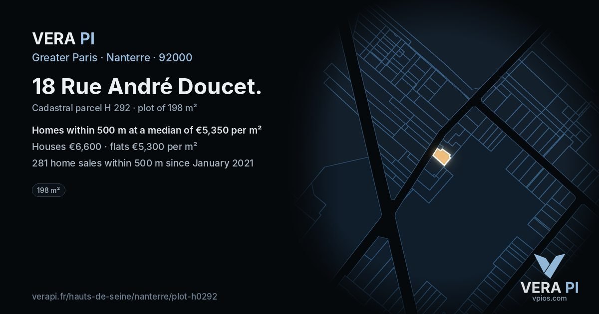18 Rue André Doucet, Nanterre at night – the plot lit, the parcels around coloured by the prices near them
