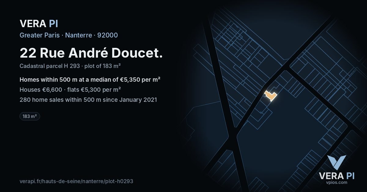 22 Rue André Doucet, Nanterre at night – the plot lit, the parcels around coloured by the prices near them