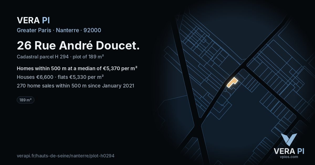 26 Rue André Doucet, Nanterre at night – the plot lit, the parcels around coloured by the prices near them