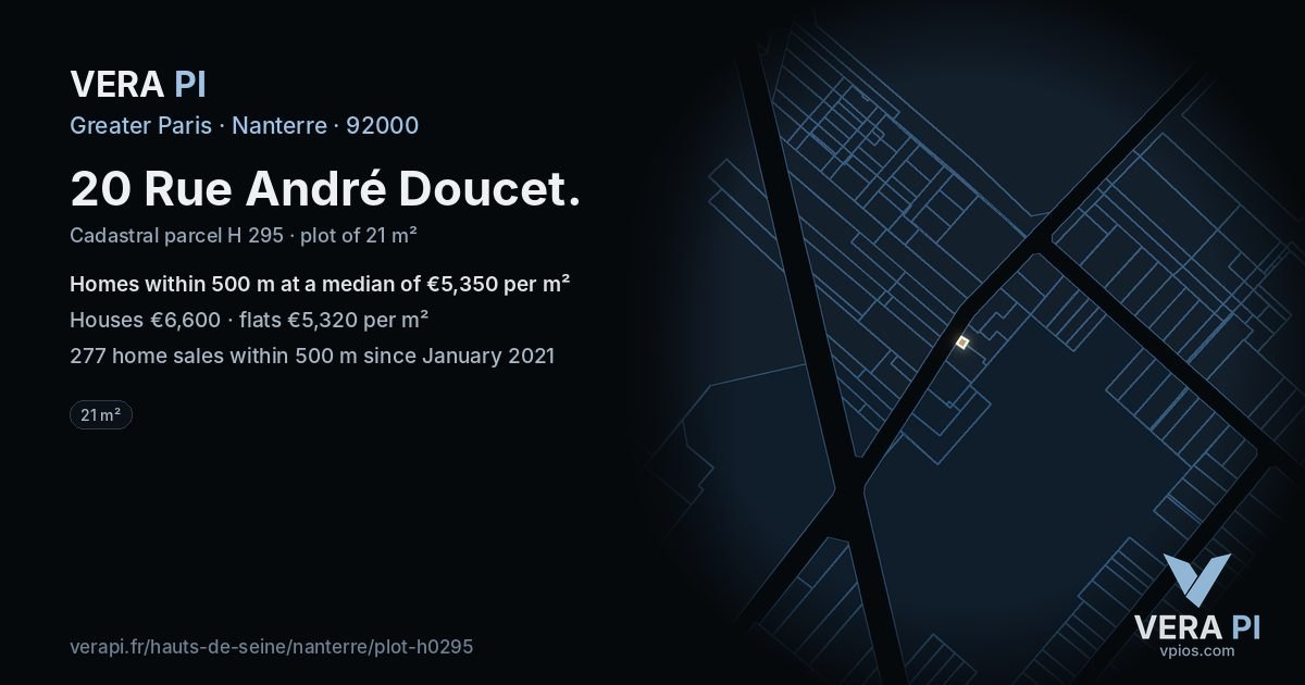20 Rue André Doucet, Nanterre at night – the plot lit, the parcels around coloured by the prices near them
