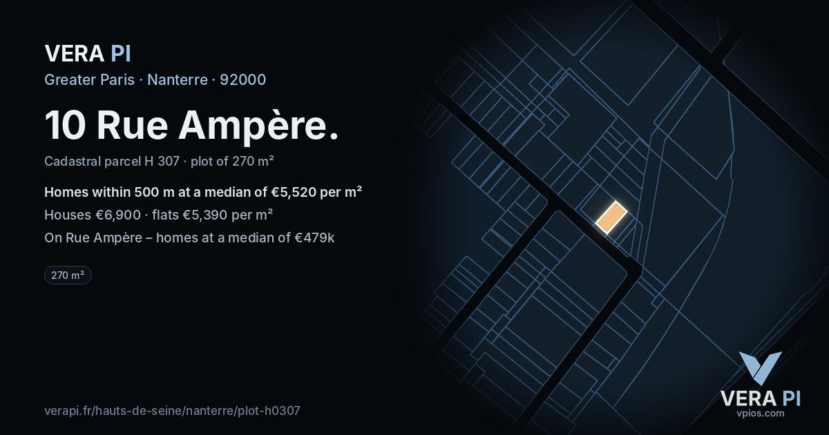 10 Rue Ampère, Nanterre at night – the plot lit, the parcels around coloured by the prices near them