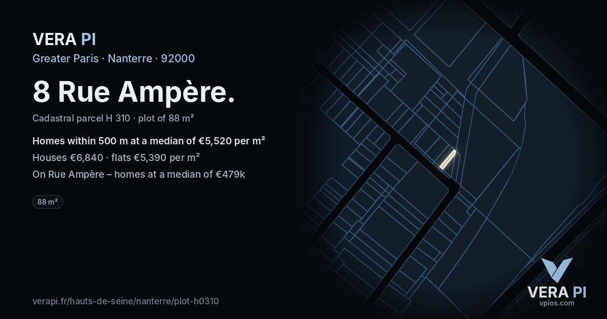 8 Rue Ampère, Nanterre at night – the plot lit, the parcels around coloured by the prices near them