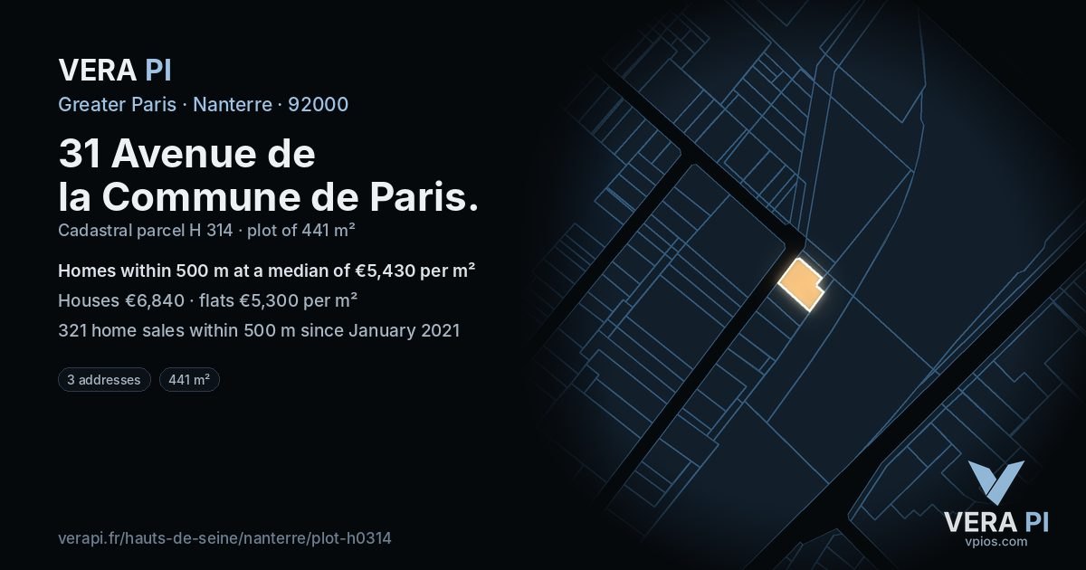31 Avenue de la Commune de Paris, Nanterre at night – the plot lit, the parcels around coloured by the prices near them
