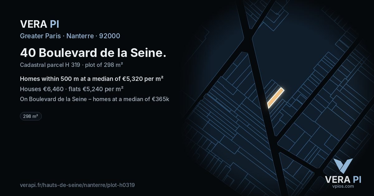 40 Boulevard de la Seine, Nanterre at night – the plot lit, the parcels around coloured by the prices near them