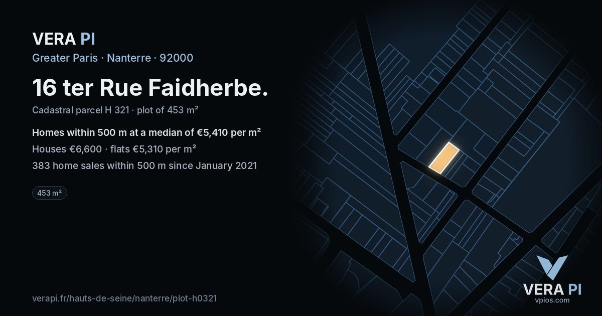 16 ter Rue Faidherbe, Nanterre at night – the plot lit, the parcels around coloured by the prices near them