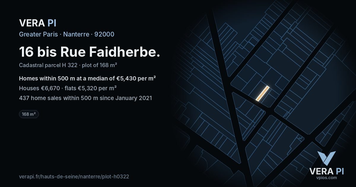 16 bis Rue Faidherbe, Nanterre at night – the plot lit, the parcels around coloured by the prices near them