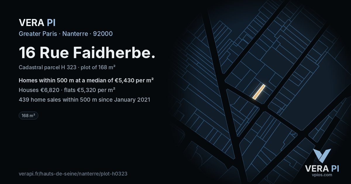 16 Rue Faidherbe, Nanterre at night – the plot lit, the parcels around coloured by the prices near them