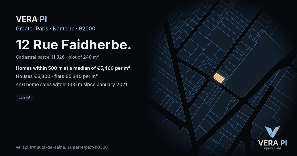 12 Rue Faidherbe, Nanterre at night – the plot lit, the parcels around coloured by the prices near them