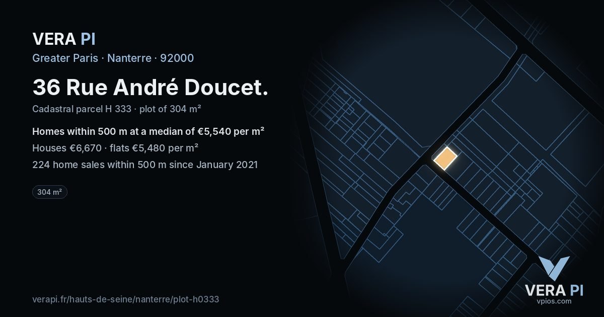36 Rue André Doucet, Nanterre at night – the plot lit, the parcels around coloured by the prices near them