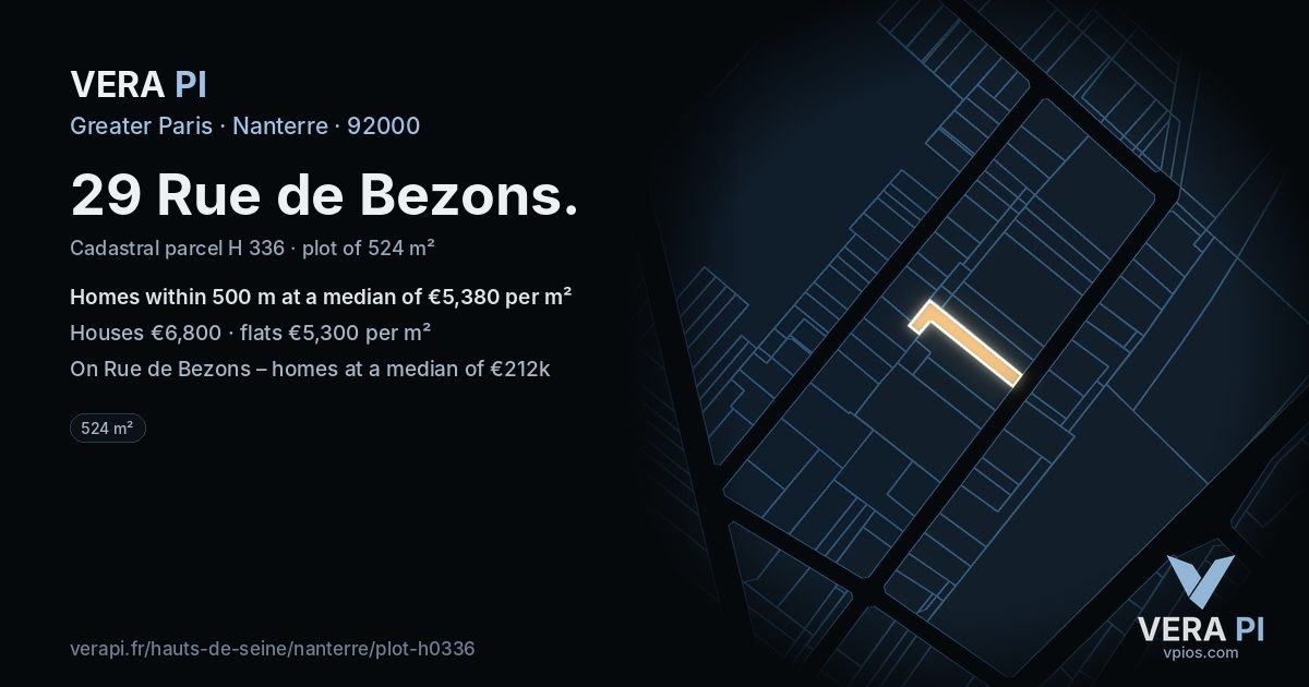 29 Rue de Bezons, Nanterre at night – the plot lit, the parcels around coloured by the prices near them