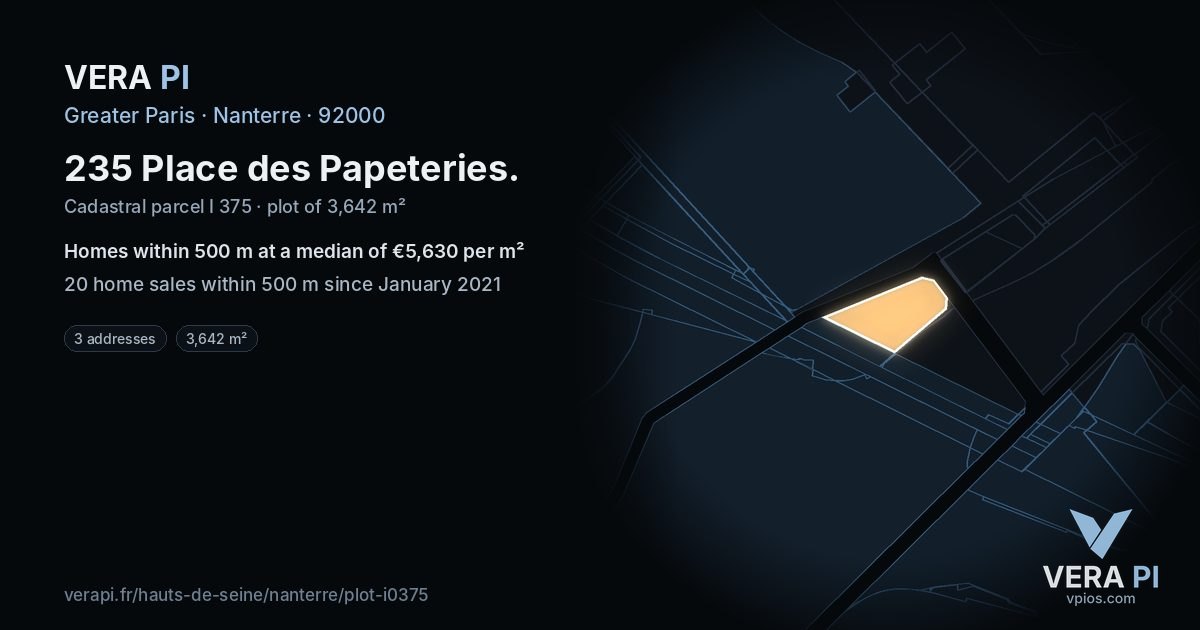 235 Place des Papeteries, Nanterre at night – the plot lit, the parcels around coloured by the prices near them