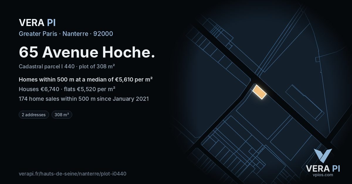 65 Avenue Hoche, Nanterre at night – the plot lit, the parcels around coloured by the prices near them