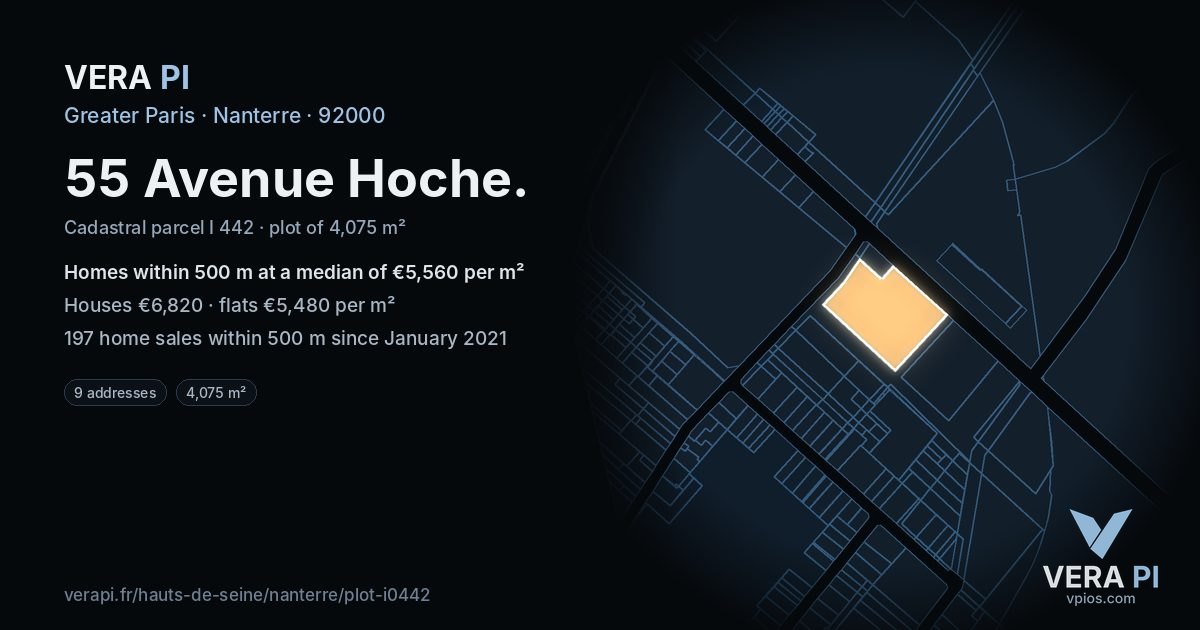 55 Avenue Hoche, Nanterre at night – the plot lit, the parcels around coloured by the prices near them