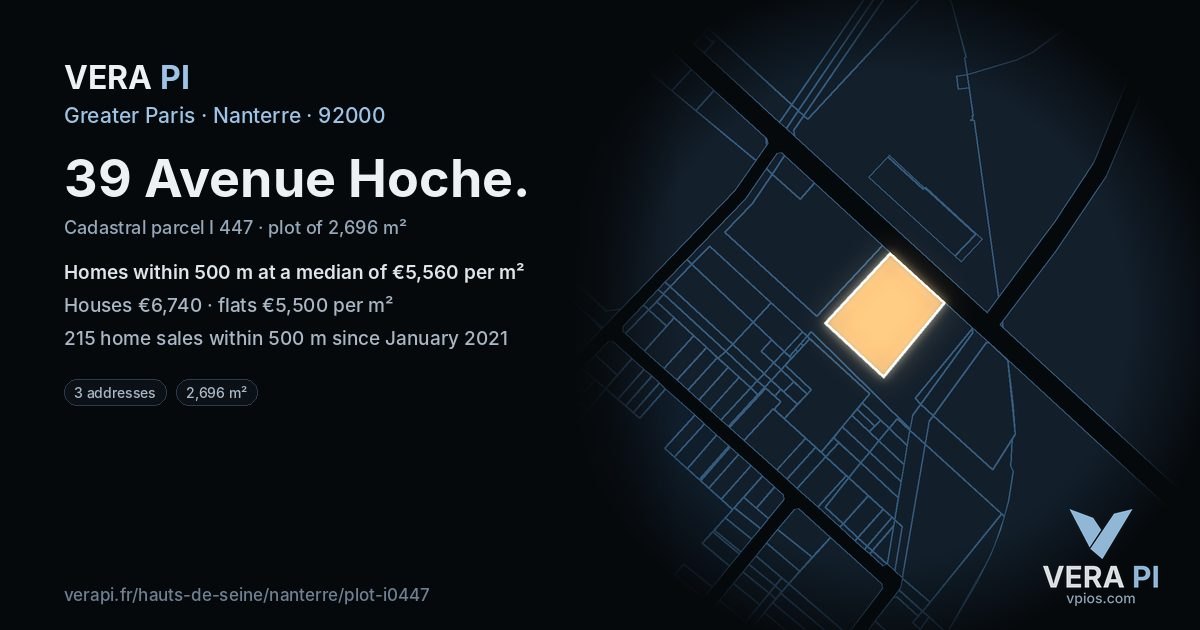 39 Avenue Hoche, Nanterre at night – the plot lit, the parcels around coloured by the prices near them