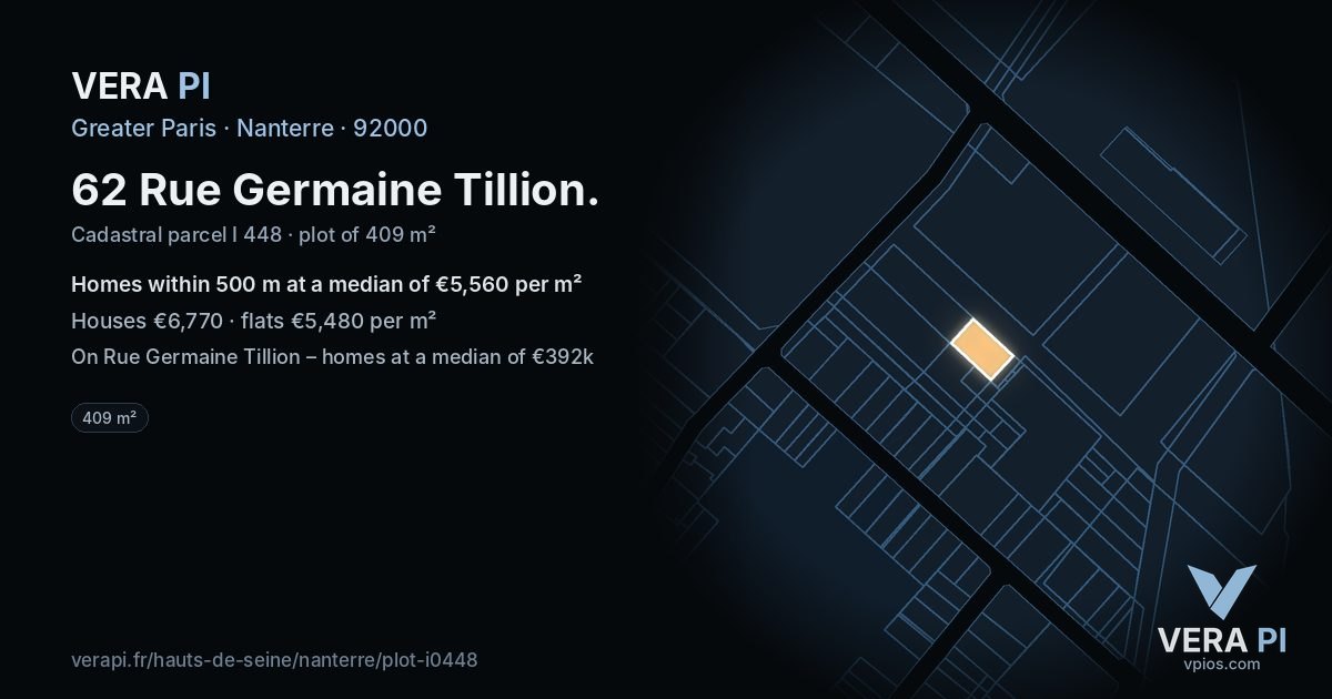62 Rue Germaine Tillion, Nanterre at night – the plot lit, the parcels around coloured by the prices near them
