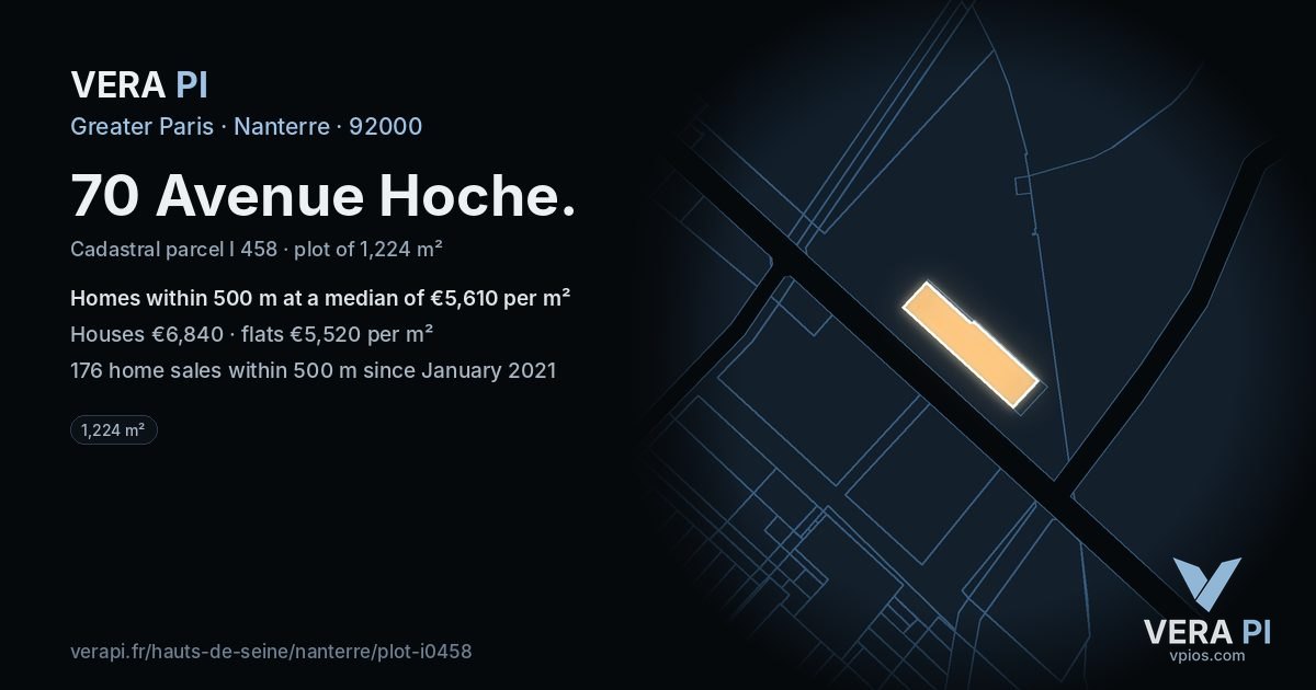 70 Avenue Hoche, Nanterre at night – the plot lit, the parcels around coloured by the prices near them