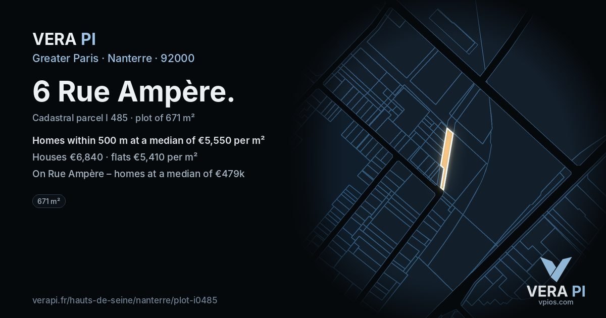 6 Rue Ampère, Nanterre at night – the plot lit, the parcels around coloured by the prices near them