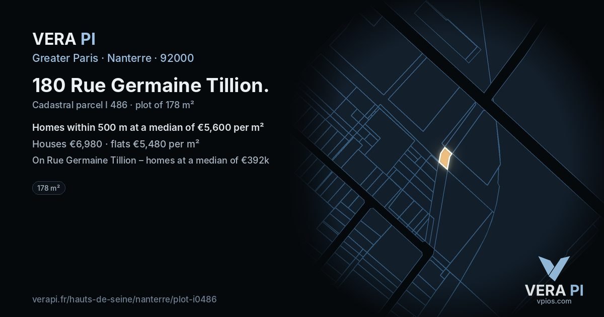180 Rue Germaine Tillion, Nanterre at night – the plot lit, the parcels around coloured by the prices near them