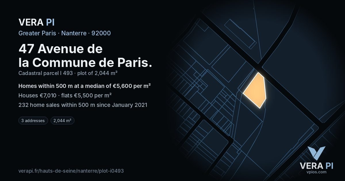 47 Avenue de la Commune de Paris, Nanterre at night – the plot lit, the parcels around coloured by the prices near them