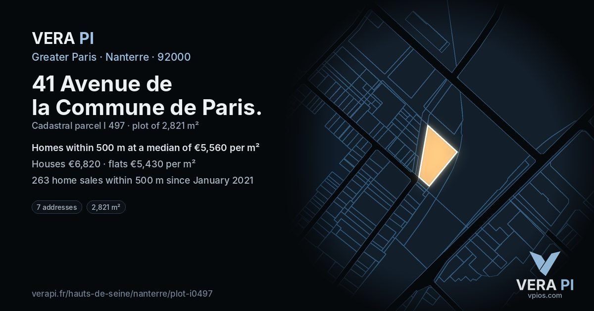41 Avenue de la Commune de Paris, Nanterre at night – the plot lit, the parcels around coloured by the prices near them