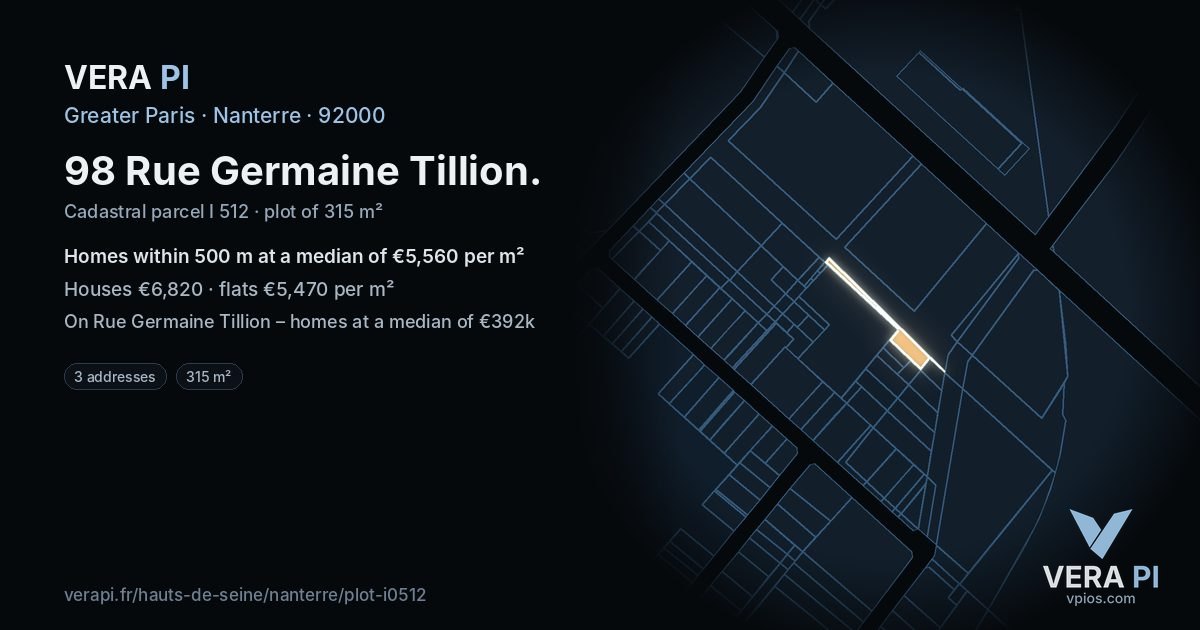 98 Rue Germaine Tillion, Nanterre at night – the plot lit, the parcels around coloured by the prices near them