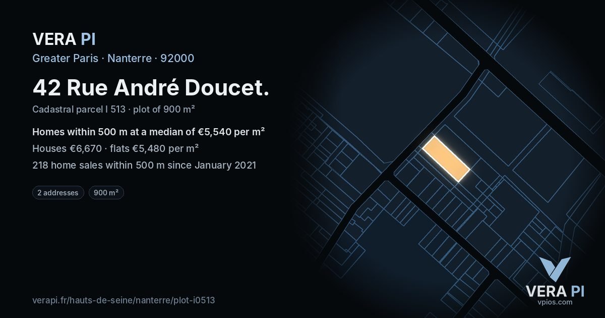 42 Rue André Doucet, Nanterre at night – the plot lit, the parcels around coloured by the prices near them