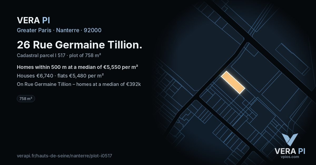 26 Rue Germaine Tillion, Nanterre at night – the plot lit, the parcels around coloured by the prices near them