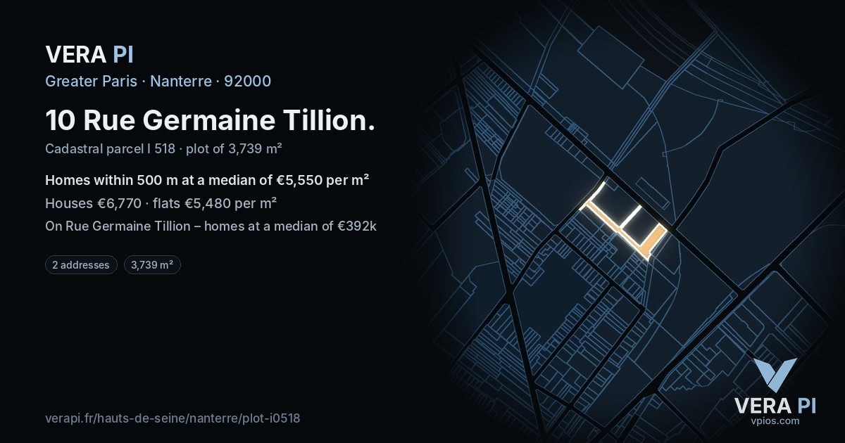 10 Rue Germaine Tillion, Nanterre at night – the plot lit, the parcels around coloured by the prices near them