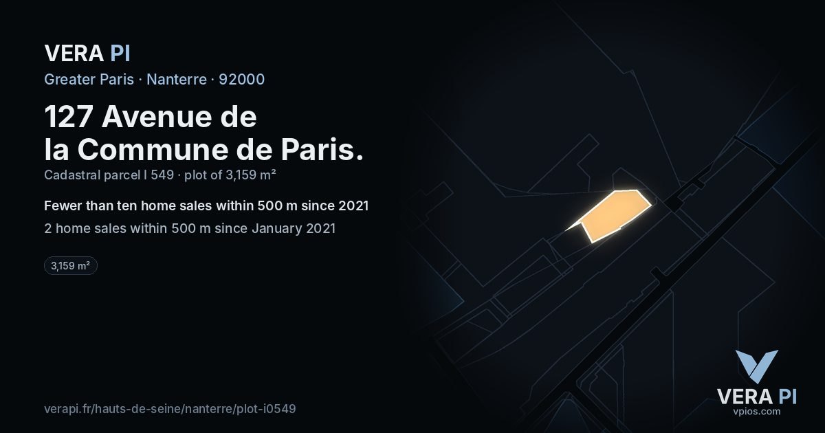127 Avenue de la Commune de Paris, Nanterre at night – the plot lit, the parcels around coloured by the prices near them